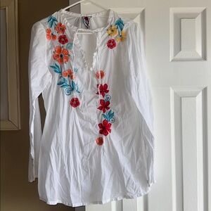 Johnny Was • Floral Embroidered Tunic Top Size Medium Boho Peasant Cotton
